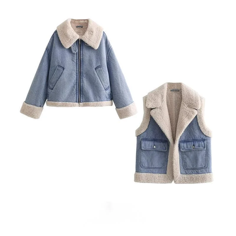 Fashion Blue Denim Lambwool Patchwork Jacket High Quality Lapel Lace Up Zipper Double Pockets Overcoat Commute High Street Coats
Fashion Blue Denim Lambwool Patchwork Jacket High Quality Lapel Lace Up Zipper Double Pockets Overcoat Commute High Street Coats