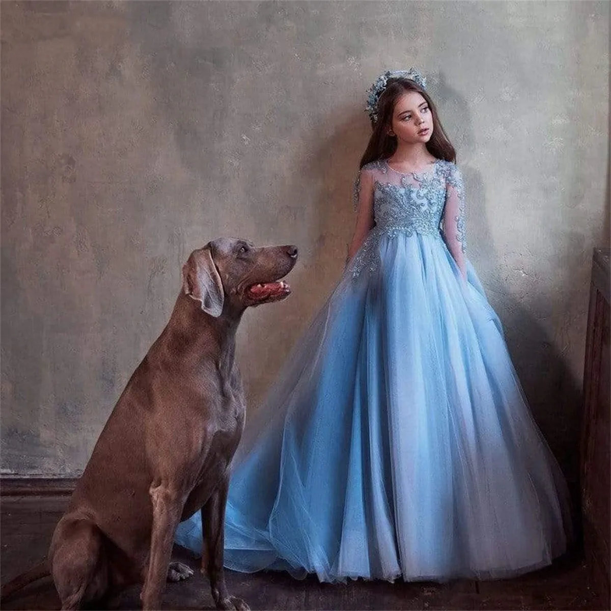 

Flower Girls Dresses Elegant Blue Long Sleeves For Wedding Princess Illusion Tulle Appliques Pageant First Communion Gowns