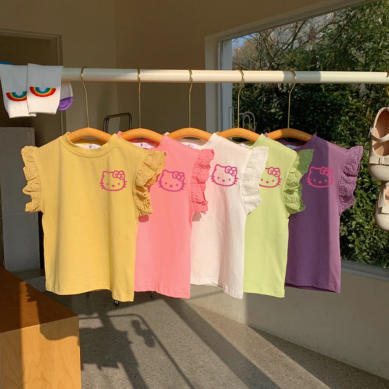 Sanrios Hello Kitty Children's Lace Short-Sleeved T-Shirt Girls' Summer Cotton Solid Colours Peplum T-Shirt Gift Baby Tops
Sanrios Hello Kitty Children's Lace Short-Sleeved T-Shirt Girls' Summer Cotton Solid Colours Peplum T-Shirt Gift Baby Tops