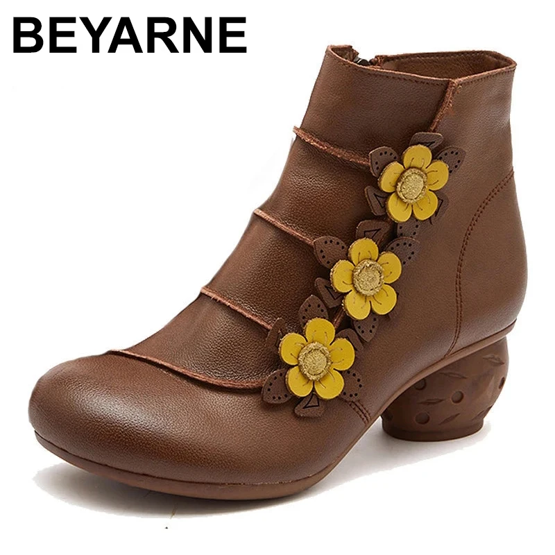

5cm Genuine Leather Pumps Retro Appliques Chunky Heels Rubber Soled Autumn Spring Ankle Barrel Boots Women Femals Shoes