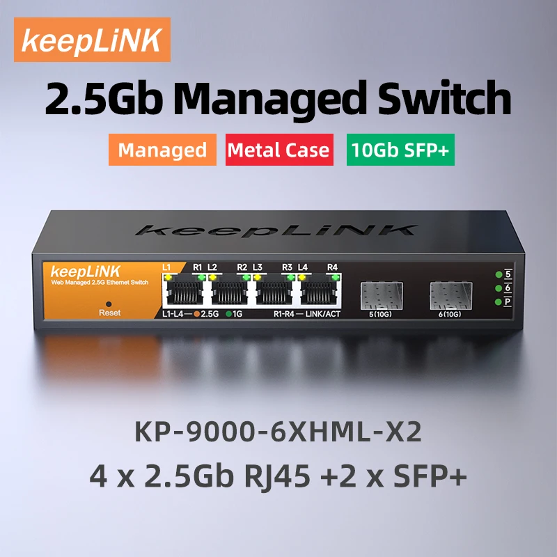 

Keeplink 6-портовый многогигабитный управляемый коммутатор с 4-2,5 ГБ RJ45 и 2-10G SFP +
