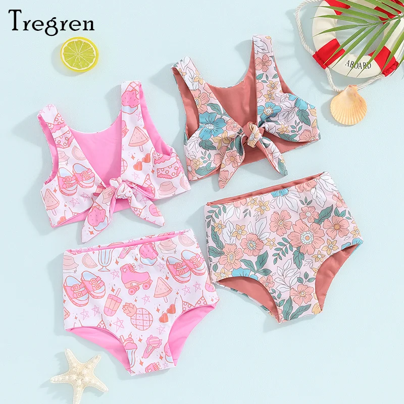 

Tregren Toddler Baby Girls Two Piece Swimsuits Sleeveless Cartoon/Floral Print Bikini Set Summer Swimwear Bathing Suits Biquini