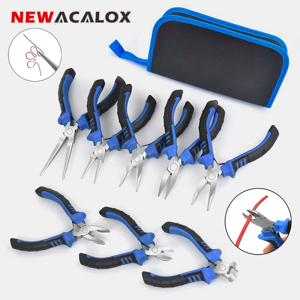 

NEWACALOX 8Pcs Mini Jewelry Pliers Set Diagonal Pliers Long Nose Pliers End Cutting Pliers Bent Nose Pliers for Basic Repair