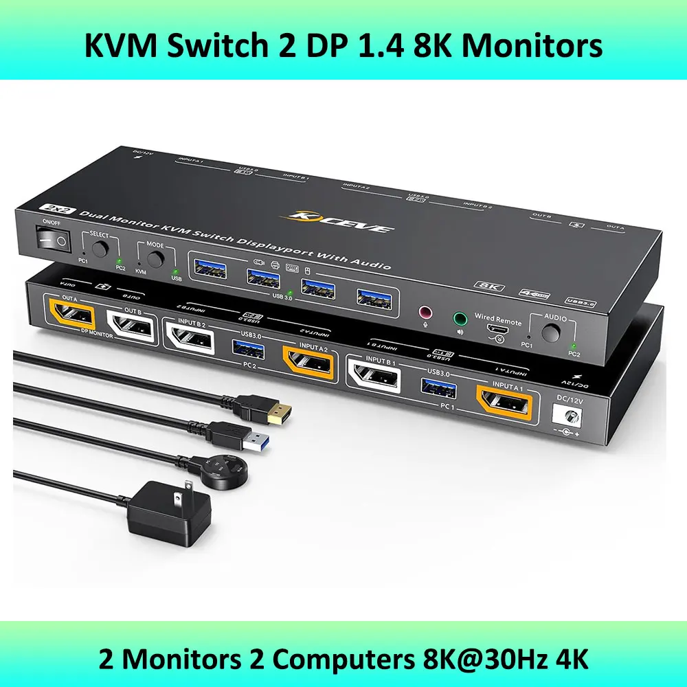 

KVM Switch 2 DP 2 Monitors 2 Computers 8K@30Hz 4K,Dual Monitor Support KVM Mode and USB Mode Voice Controlled Displayport