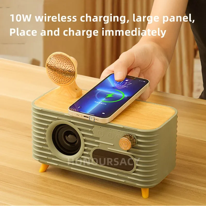 

Portable Mobile Phone 10W Wireless Charger Retro Bluetooth Speaker 360 Surround Sound Clock Speakers Aromatherapy Audio Gift