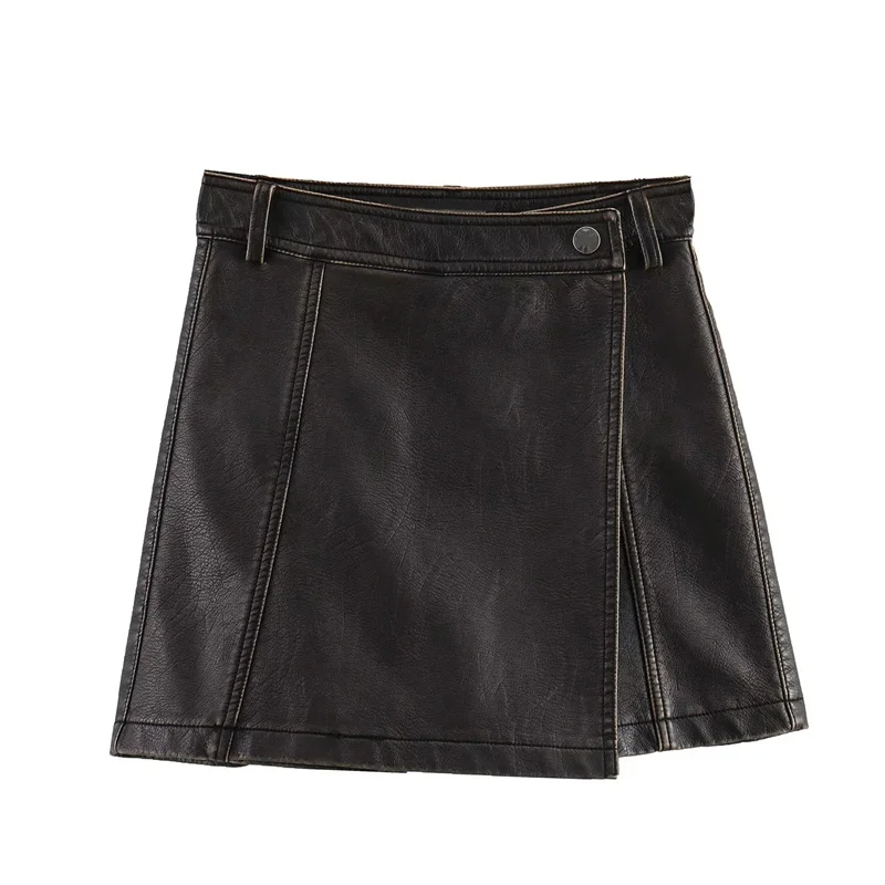 

TRAF Y2K Faux Leather Skort For Women Chic Front Wrap A-Line Short Skirts False Pockets High Waist Mini Skirt Streetwear Shorts