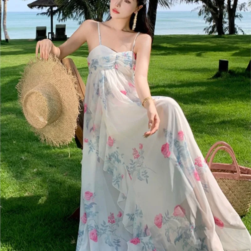 

Vacation Seaside Atmosphere Fluttering Fairy Dress Floral Strap Summer