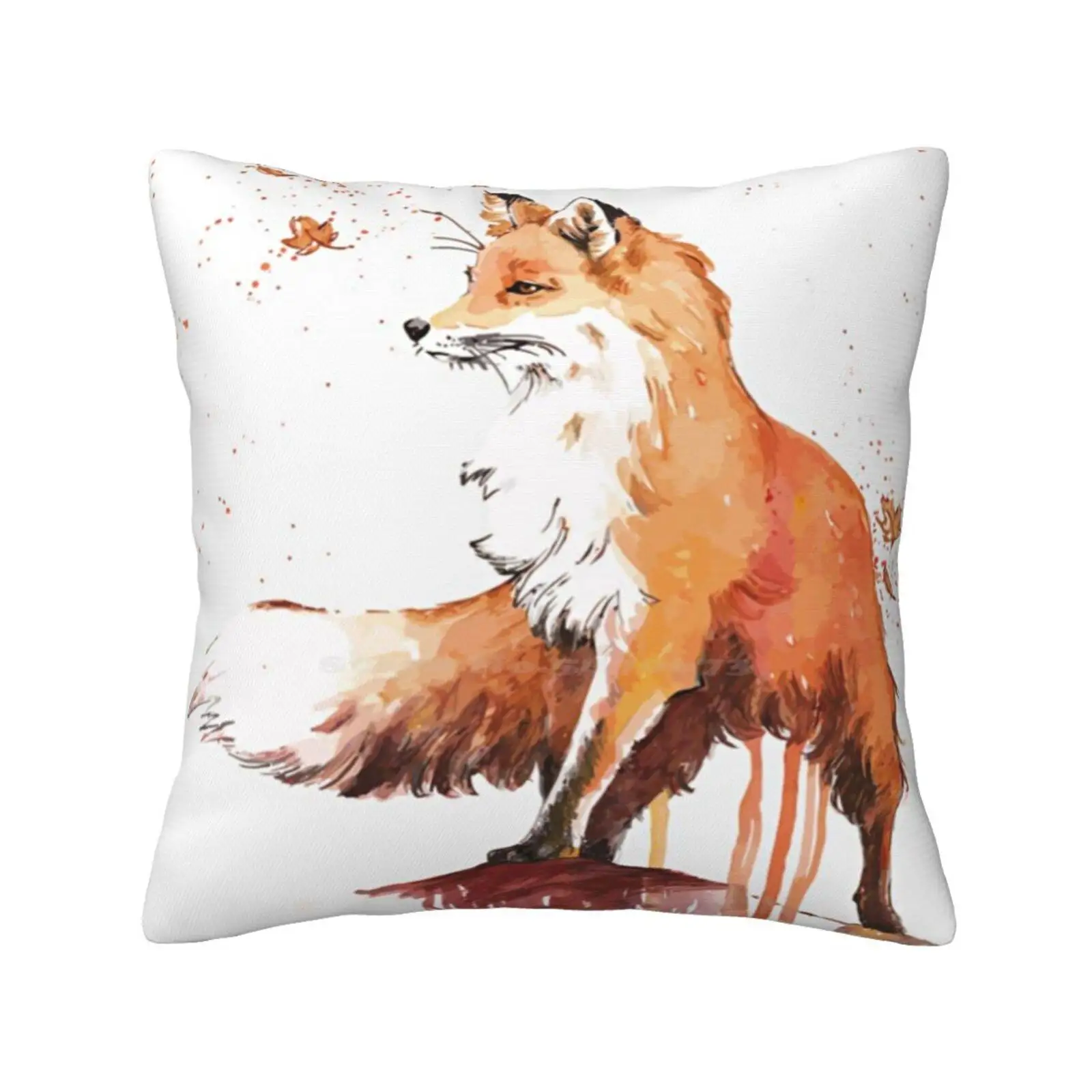 

Beautiful Fox Throw Cushion Pillow Cover Foxes Art Forest Animals Autumn Watercolor Splash Colors Cute Falling Leaves Beautiful