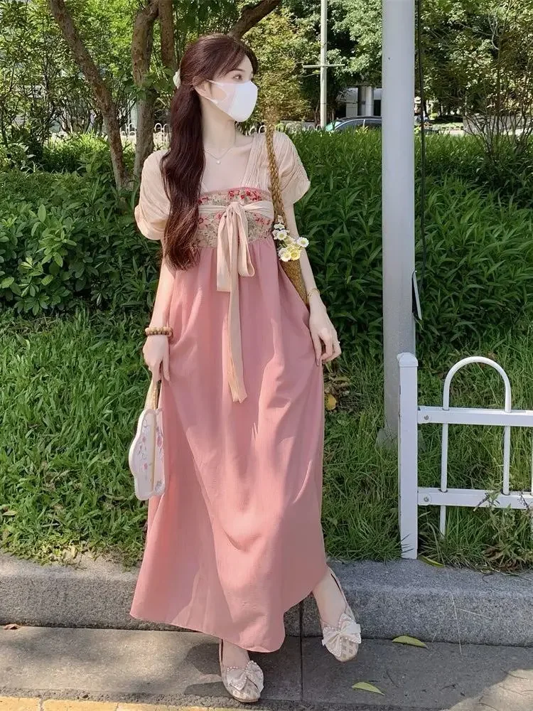 

2023 Chinese Traditional Daily Hanfu Dress Set Women Ancient Style Improved Dress Oriental Style Women Pink Daily Hanfu Dress