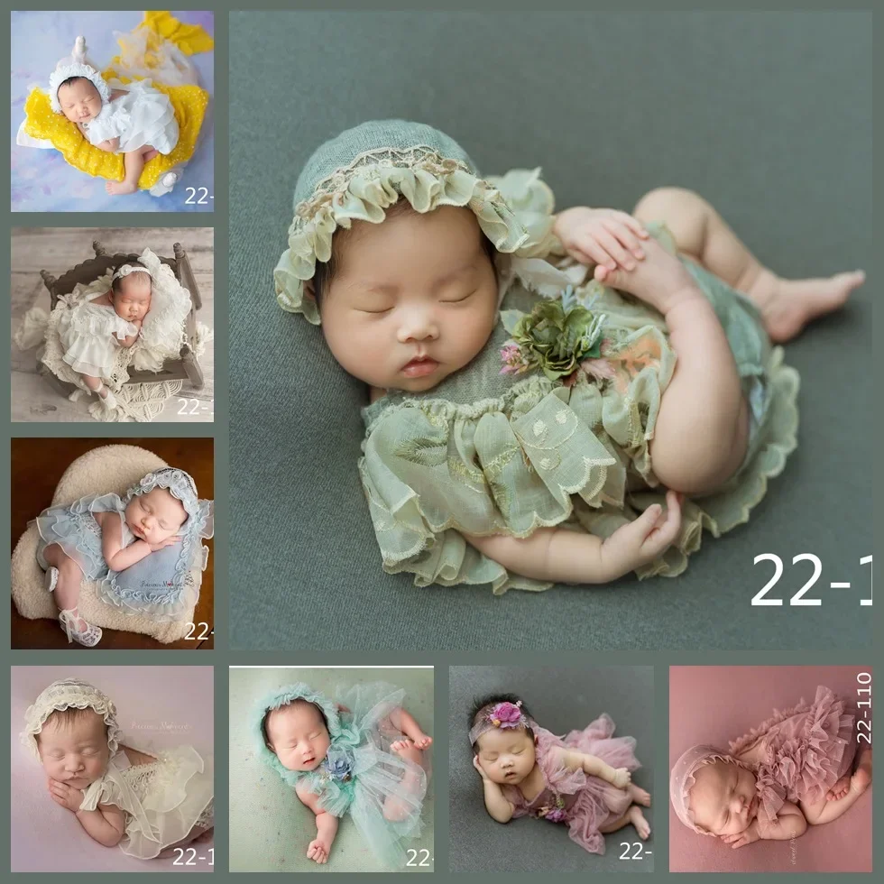 

4PCS Newborn Photography Props Girl Boy Mesh Romper Hat Shoes Set Baby Photo Lace Floral Outfits Fotografia Accessories Costume