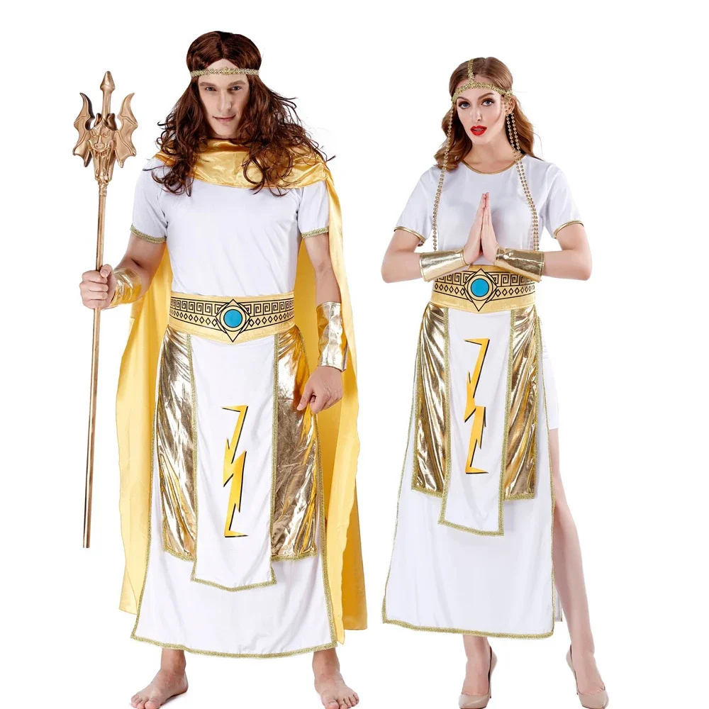 

Adult Women Sexy Egyptian Queen Cosplay Costume and Adult Men Pharaoh Costumes Halloween Outfit Fancy Masquerade Party Clothing