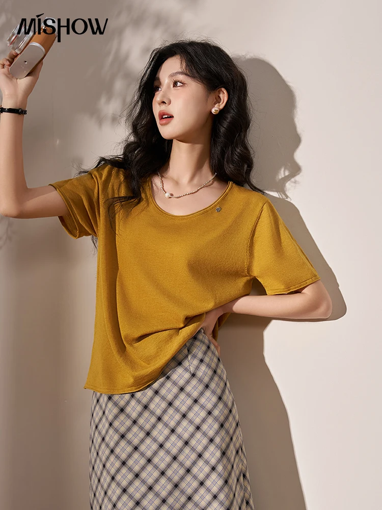 

MISHOW Wool Knitted T-shirt for Women Summer 2024 Loose Solid Versatile O Neck Tees Female Casual Short Sleeve Tops MXD23Z0589