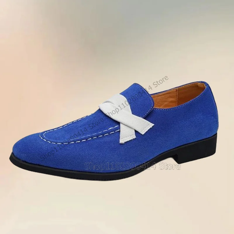 

White Riband Sewing Design Blue Flock Loafers Fashion Slip On Men Shoes Luxurious Handmade Party Feast Banquet Men Casual Shoes