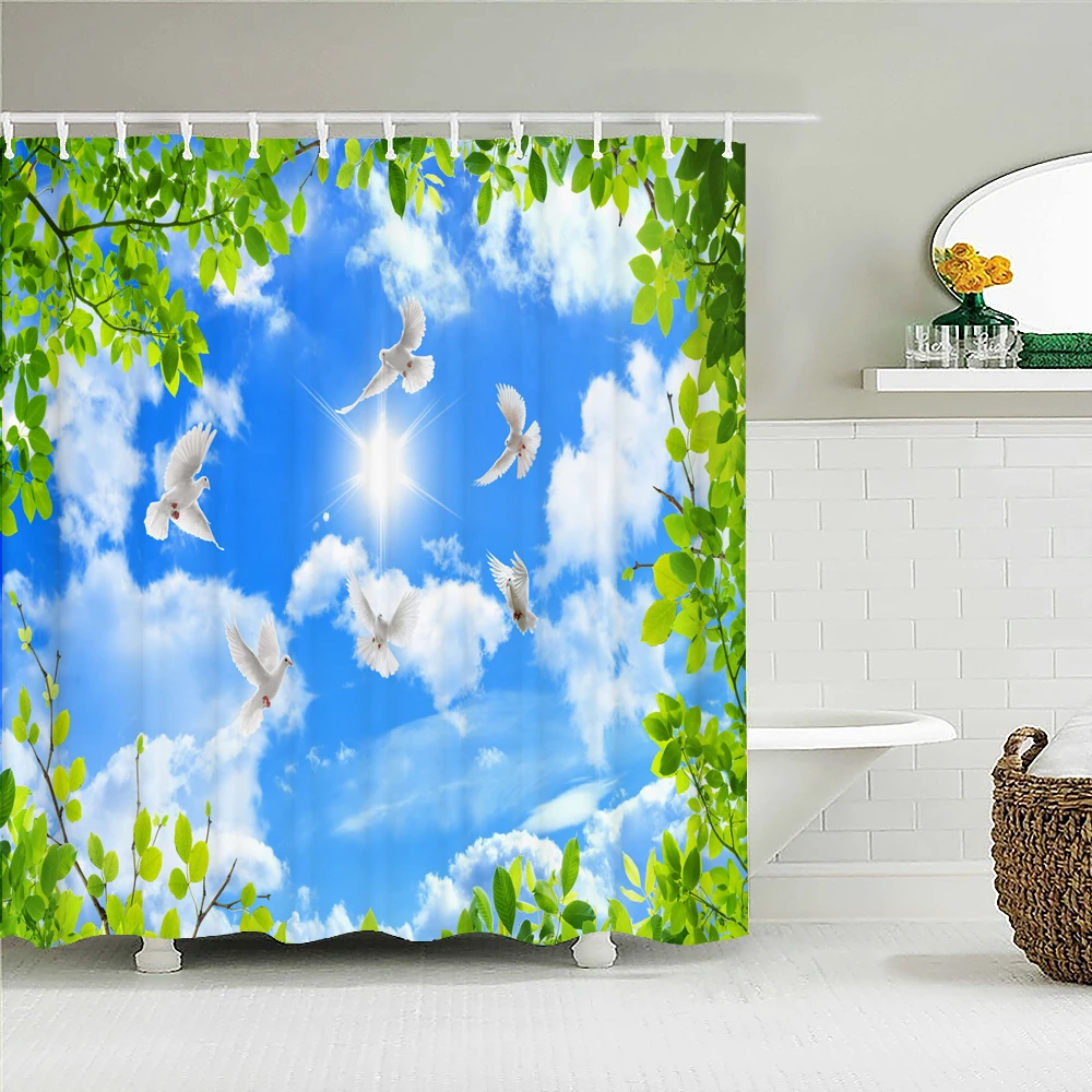 

Sunny Blue Sky White Clouds landscape Shower Curtain With Hooks Waterproof Fabric Pigeon Birds Scenery Decor Bathroom Curtains