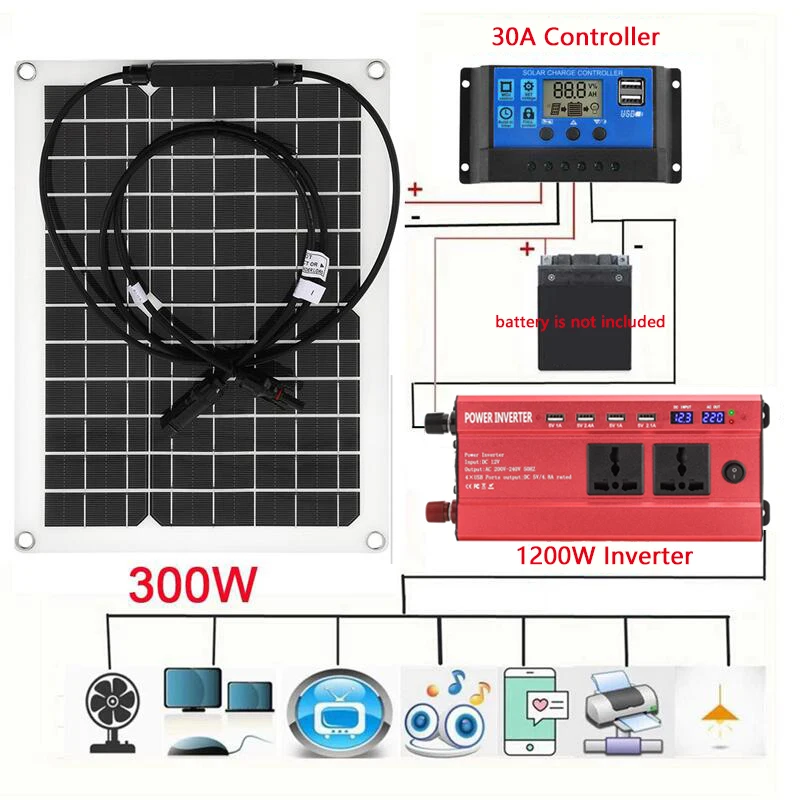 Solar Power System 300W Solar Panel 1200W Modified Sine Wave Inverter 12V to 220V 30A Charge Controller Solar Generator for Home
Solar Power System 300W Solar Panel 1200W Modified Sine Wave Inverter 12V to 220V 30A Charge Controller Solar Generator for Home