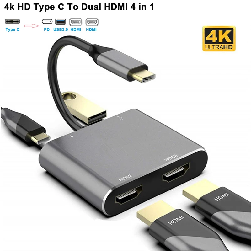 Переходник с USB C на Dual HDMI 4K @ 30hz Type (с Thunderbolt 3 USB3.0) 2 для MacBook Pro Air XPS Thinkpad | Электроника