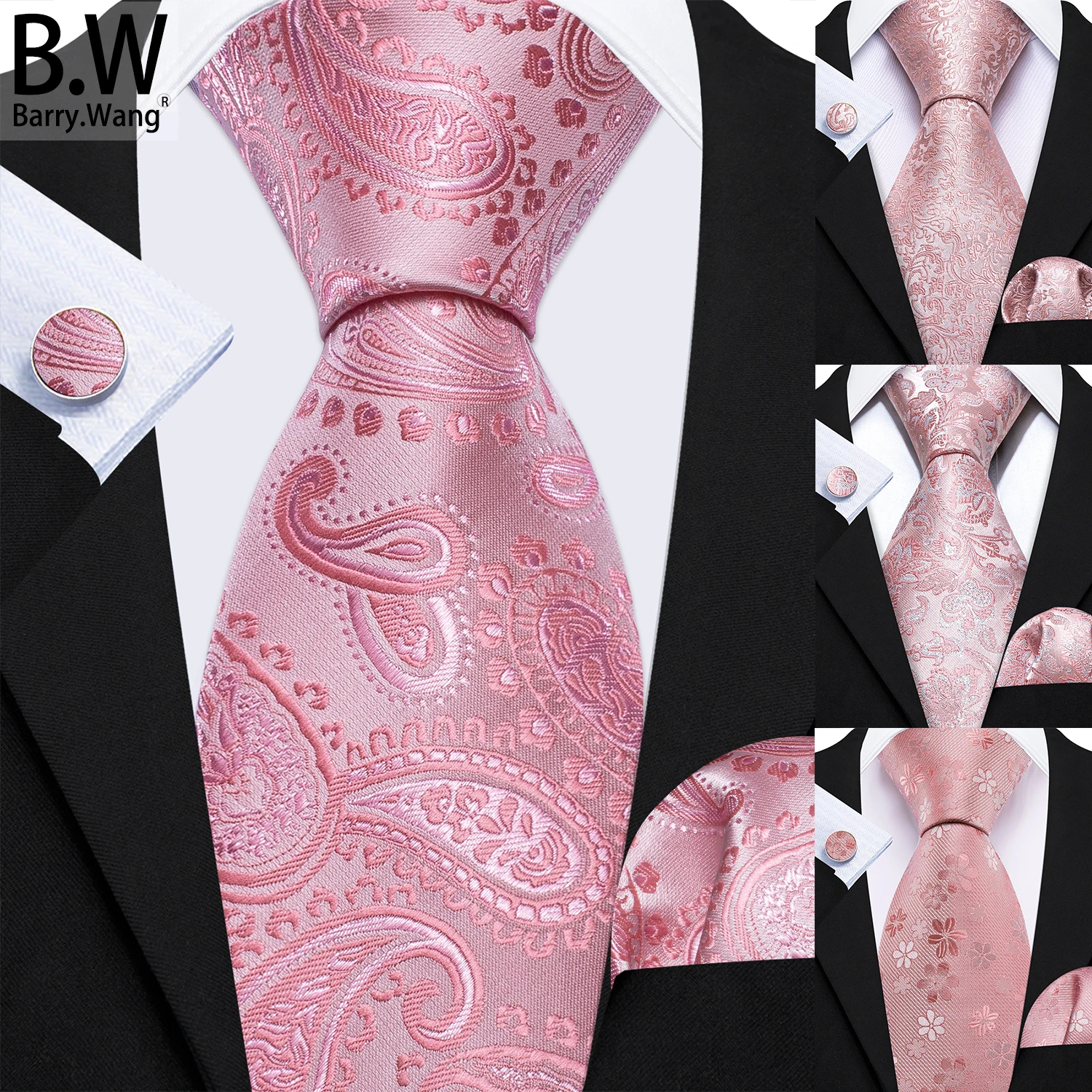 

Barry.Wang Rose Rouge Flamingo Pink Silk Men Tie Handkerchief Cufflink Set Jacquard Paisley Floral Necktie Male Wedding Business