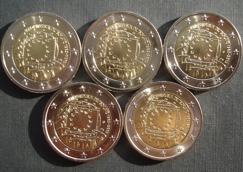 

Germany Commemorative Coin Flag of Europe 30 Th Anniversary Adfgj Bid Five Pieces 2 Euro UNC Brand New