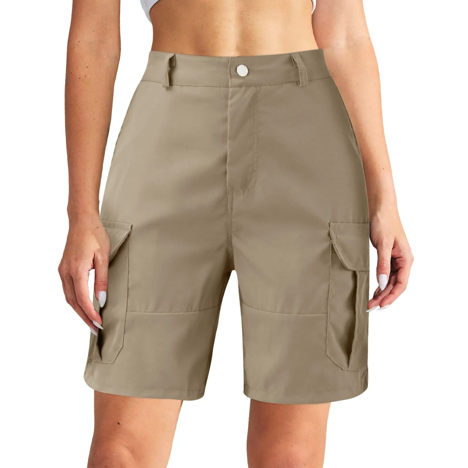 

Women Summer Cargo Pants Shorts Button Short Pants Active Hiking Pocket Summer Beach Solid Color Slim Breathable Bermuda Shorts
