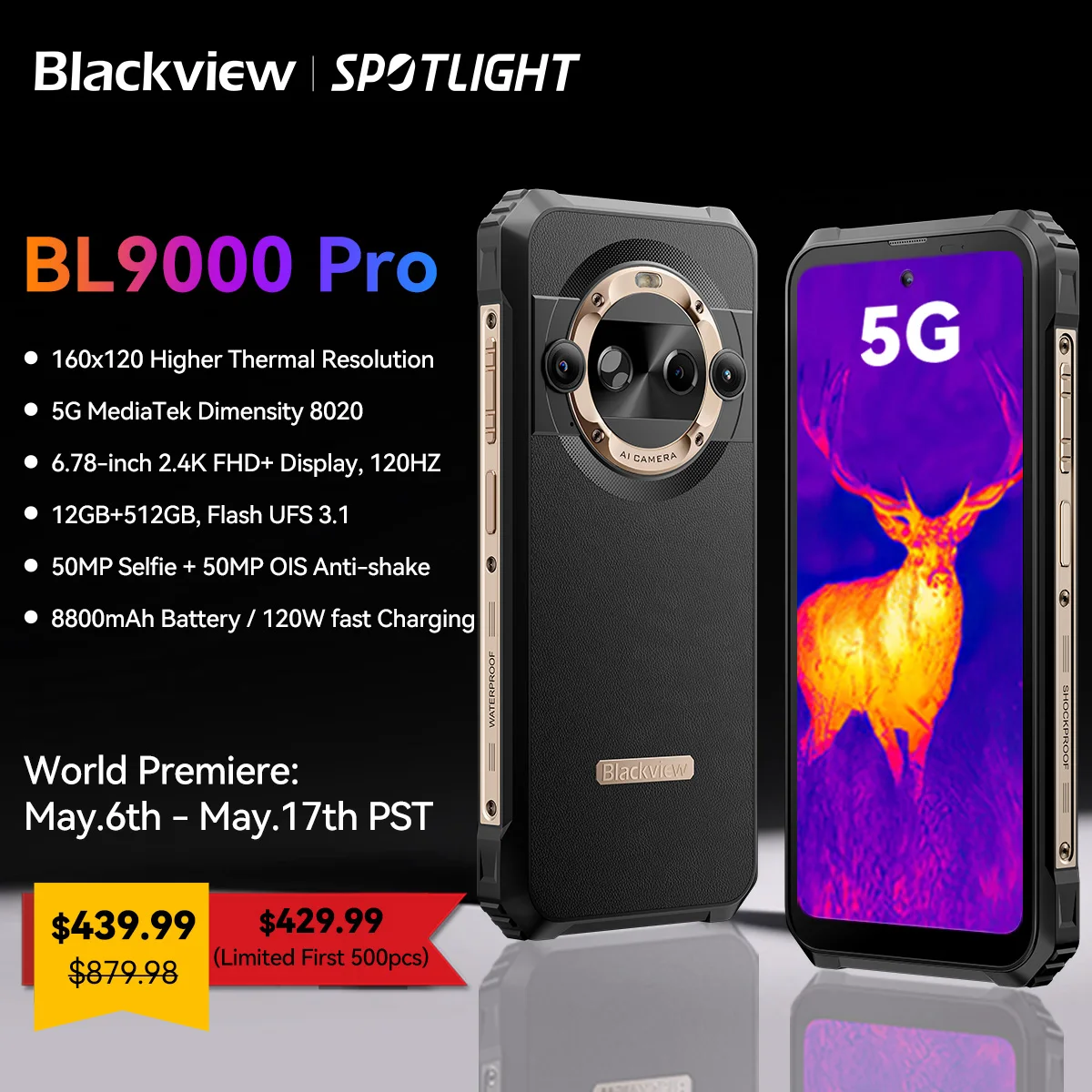Blackview-Smartphone BL9000 PRO, 5G, 6.78 en effet FHD, 12 Go, 512 Go, caméra d'imagerie infrarouge FLIR, 8800mAh, Android 14, première mondiale, robuste 1