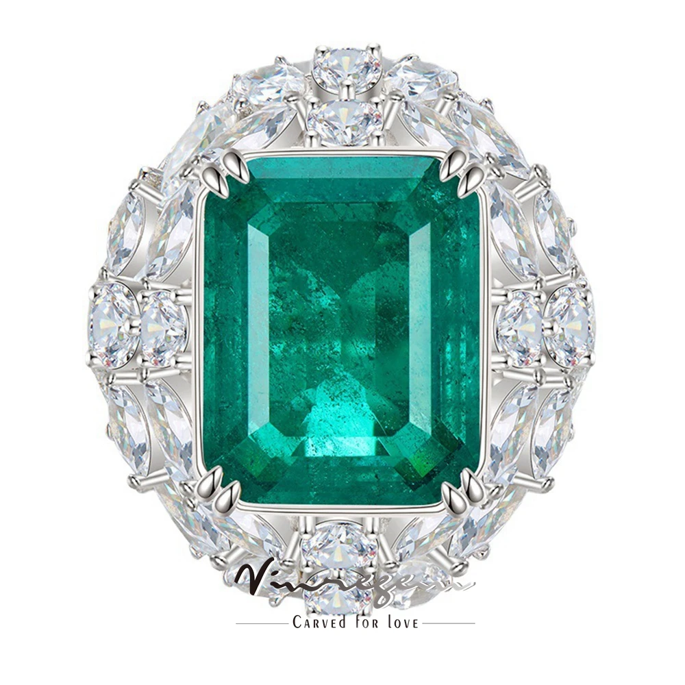 

Vinregem 18K White Gold 12*15MM Simulated Emerald Sapphire Gemstone Vintage Women Ring 925 Sterling Silver Engagement Jewelry