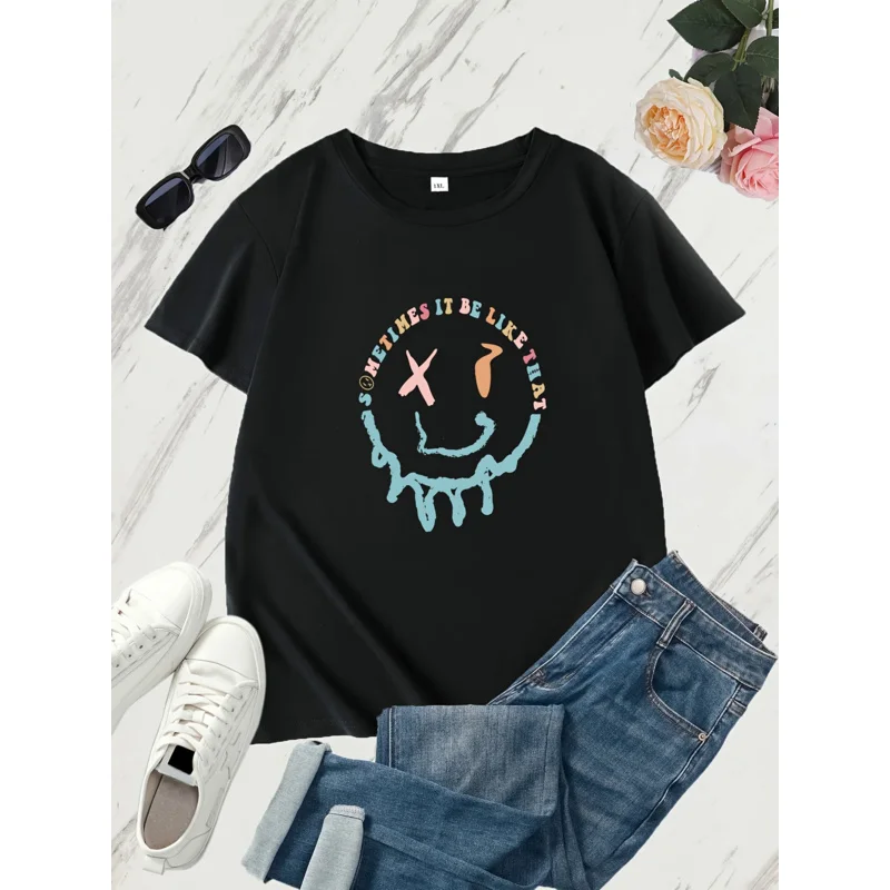 Plus size graphic print T-shirt, short sleeve crew neck casual top for summer & Spring, women's plus size clothing 
Plus size graphic print T-shirt, short sleeve crew neck casual top for summer & Spring, women's plus size clothing