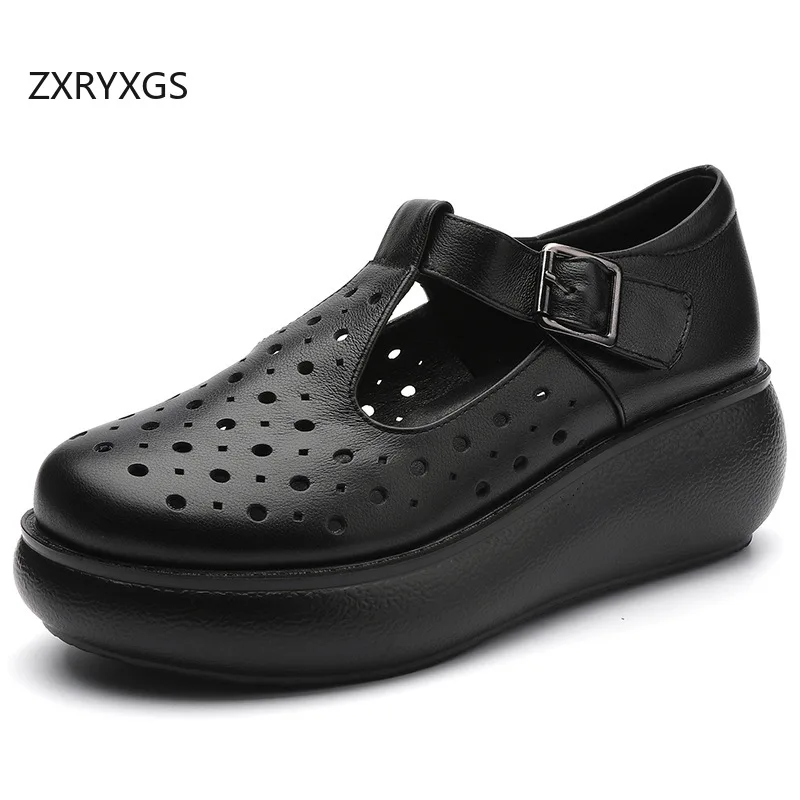 

ZXRYXGS Top Cowhide Round Toe Hollow Leather Sandals Roman Shoes 2024 Thick Soles Wedges Sandals Increase Plus Size Small Size