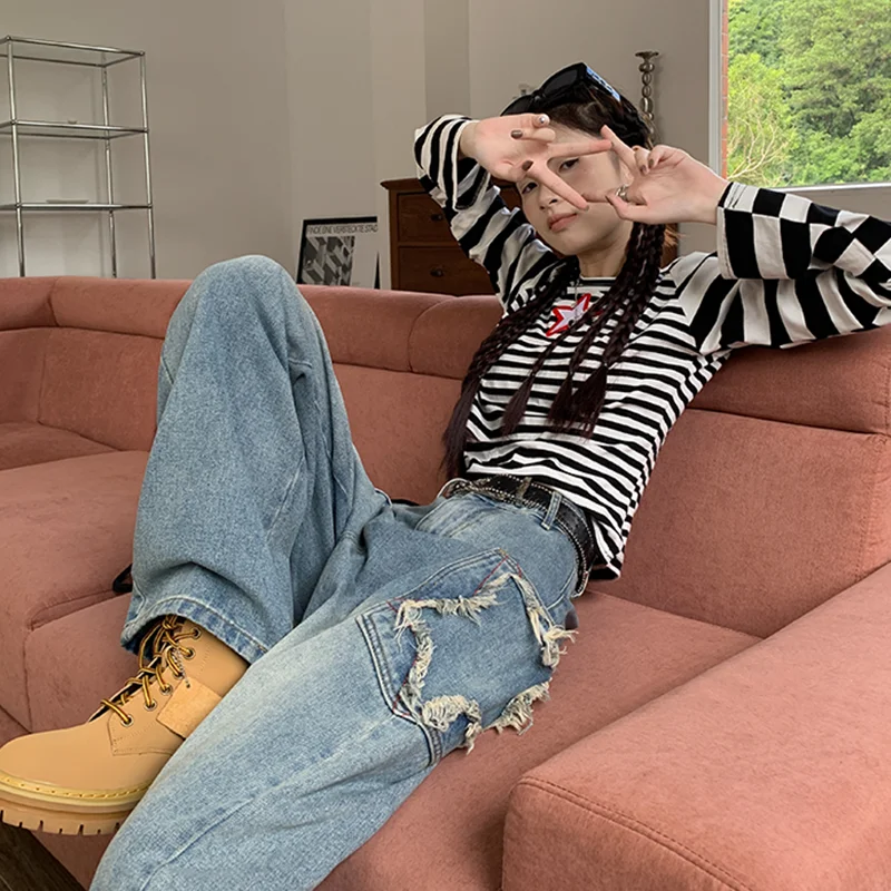 Boyfriend Jeans for Women Leatest Fashion Vintage Blue Patch Distressed Jeans Baggy Straight Denim Trousers Mopping Pants Femme
Boyfriend Jeans for Women Leatest Fashion Vintage Blue Patch Distressed Jeans Baggy Straight Denim Trousers Mopping Pants Femme