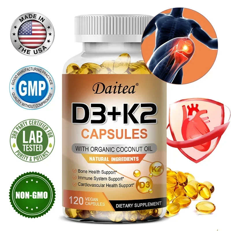 

daitea Vegan Vitamin D3+K2 Capsules regulate calcium metabolism, bone fractures, bone health, heart and immune system support