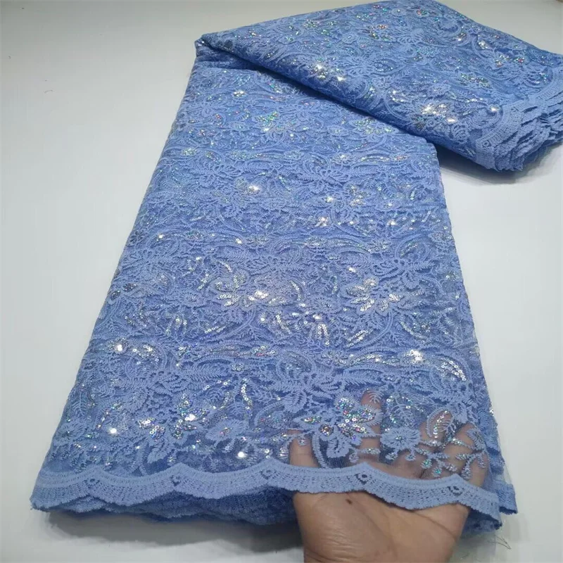 

Синяя африканская кружевная ткань для шитья одежды, французская сетчатая вышивка блестками, нигерийская Тюлевая Ткань 5 ярдов высокого качества
