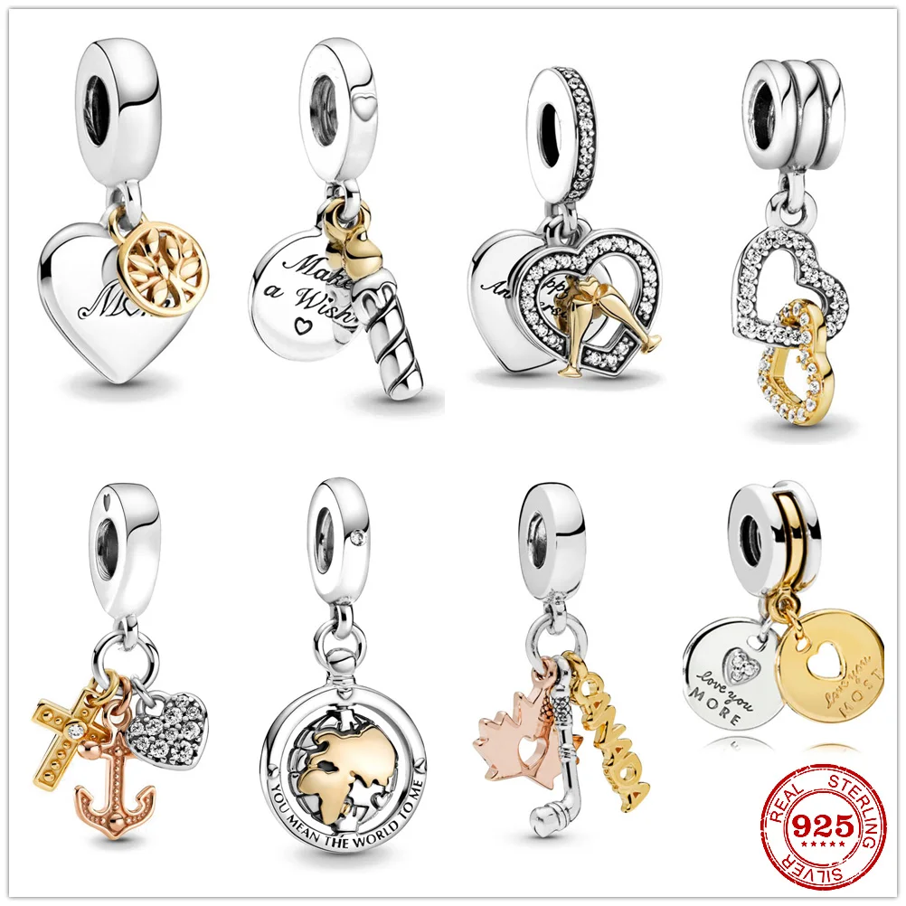 

925 Sterling Silver Triple-tone Cross Heart Anchor Dangle Charm Charms DIY fine Bead Fit Original Pandora Charm Bracelet Jewelry