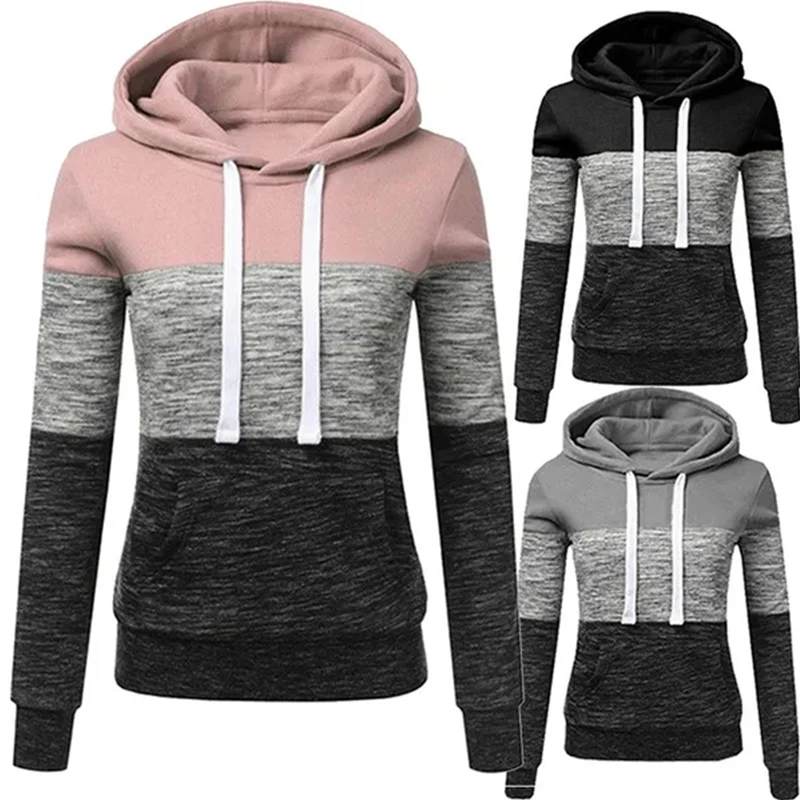 

Autumn and Winter Womens Long Sleeve Fleece Pullover Hoodie Sweatshirts Color Stitching Striped Hoodies Tops Plus Size S-4XL