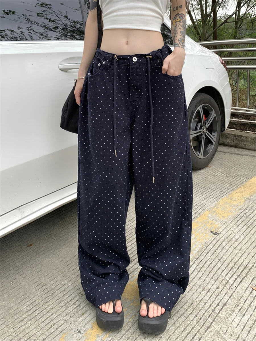 

Slergiri Polka Dot Drawstring Adjustable Waist Cotton Trousers For Women Streetwear Loose Straight Wide-leg Pants With Pockets