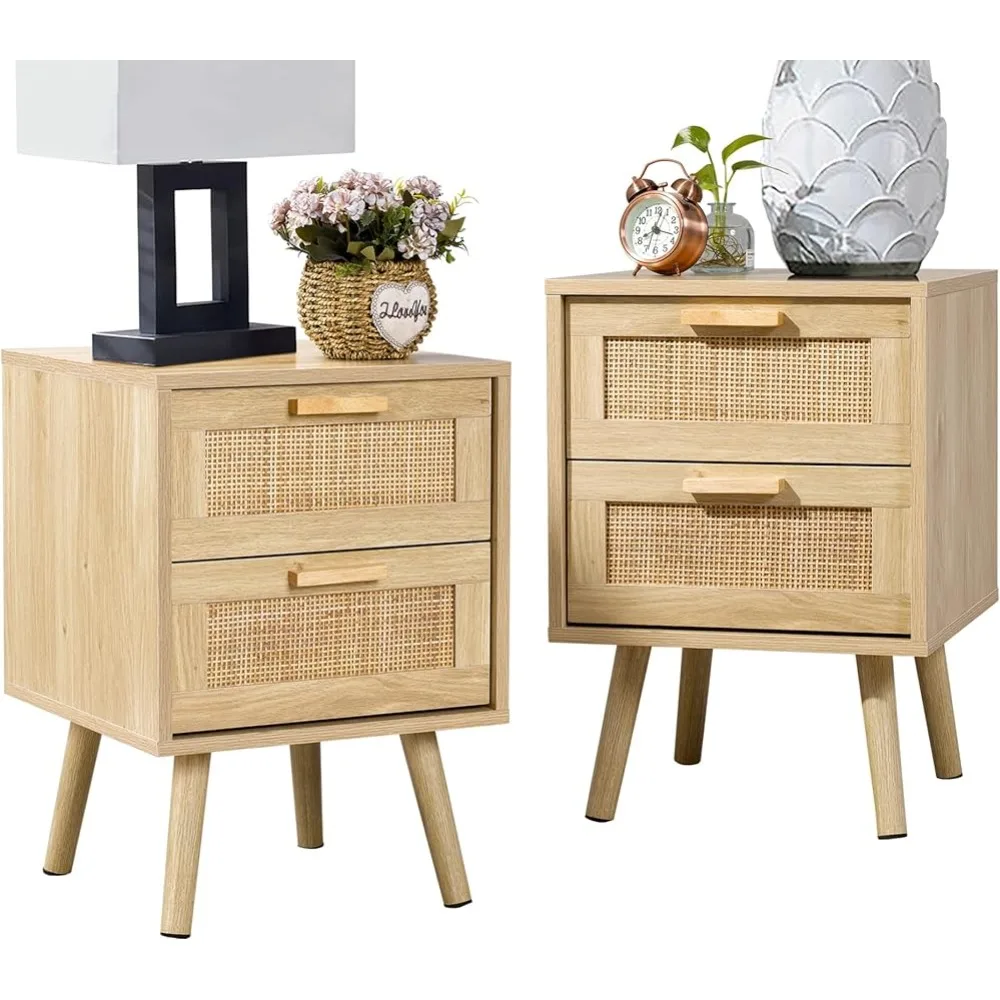 

Wood Accent Table with Storage for Bedroom, Natural, 2 Pack ,End Table, Side Table with 2 Hand Made Rattan Decorated Drawers