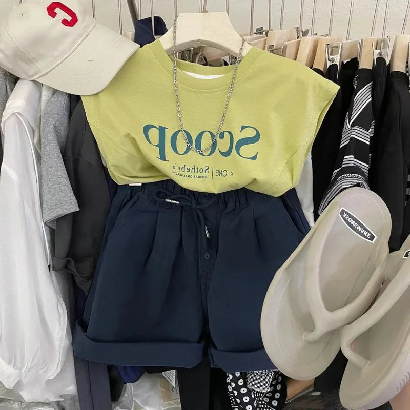 

Костюм для девочек, летняя детская одежда в Корейском стиле, повседневный топ без рукавов с буквенным принтом для маленьких девочек, короткие шорты ts95061ws