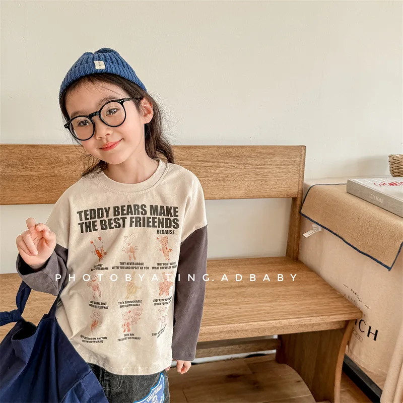 

2024 Spring New Children Long Sleeve T Shirts Cotton Baby Boys Girls Cartoon Casual Tops Toddler Letter Print Bottoming Shirt