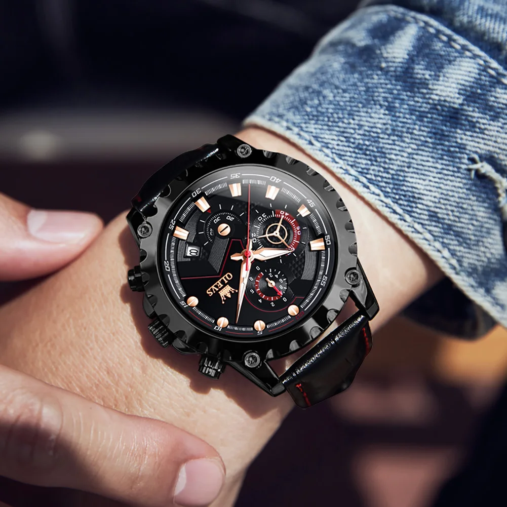 

OLEVS Top Brand Watch Men Leather Date Clock Waterproof Luminous Chronograph Watches Mens Luxury Sport Quartz Wrist Watch Reloj