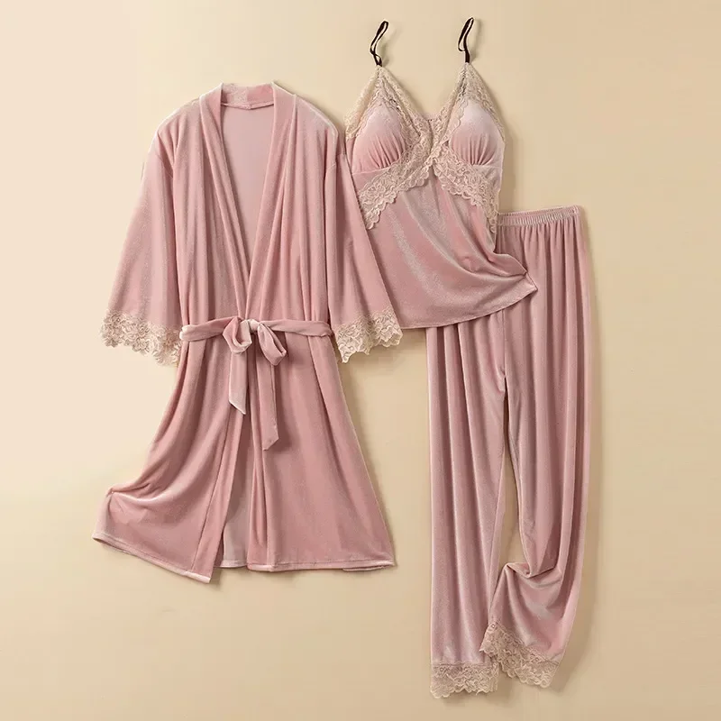 

Nightwear Sleepwear Pijamas Three Piece Loungewear Warm Lace Suit Women Set Autumn Pajamas Velvet Cami&pant&bathrobe Velour