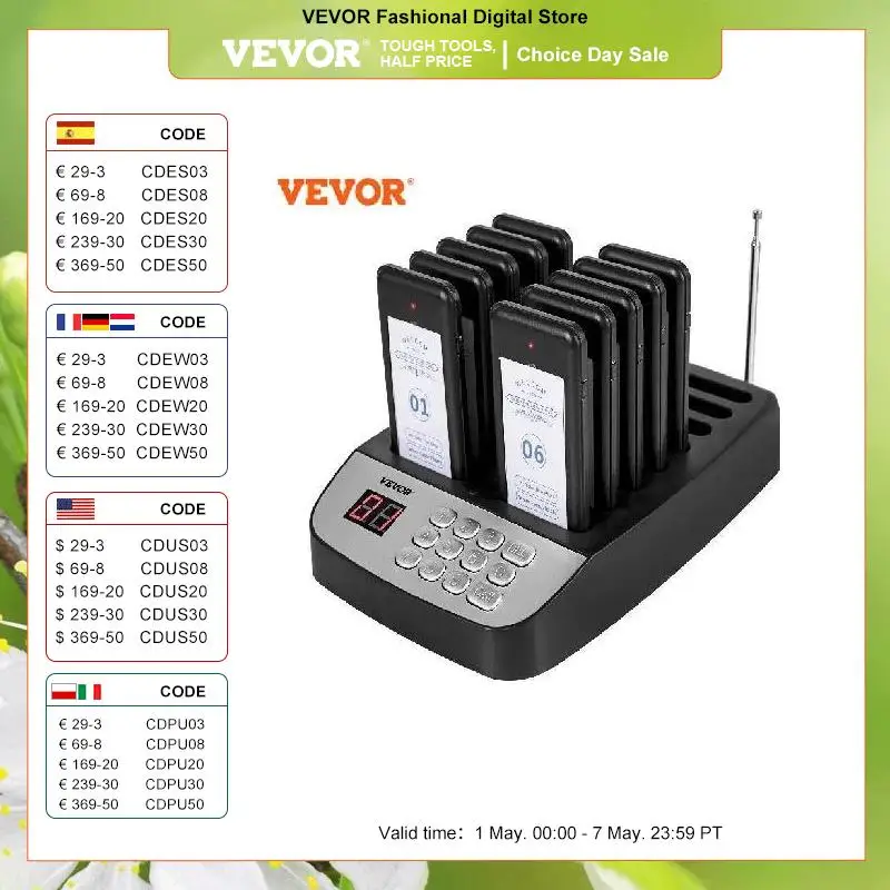 

VEVOR Restaurant Pager Calling Paging System 10 Coaster Receiver Restaurants Church Nurse Clinic Queue System Wireless Pagers