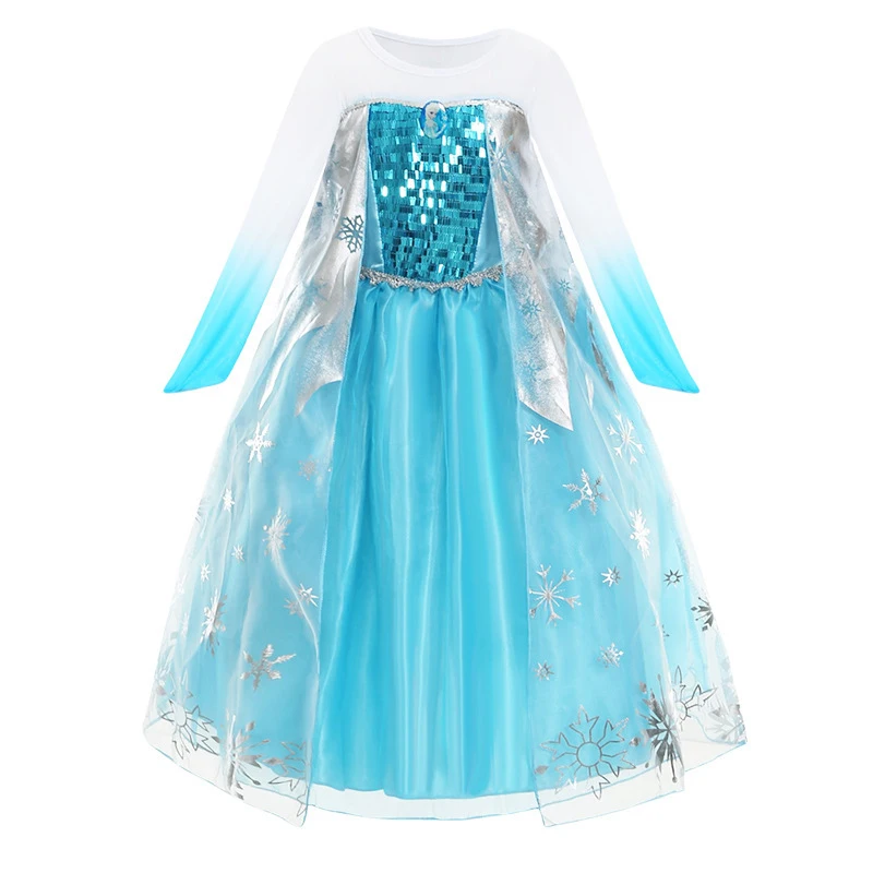 

Snow Queen Elsa Princess Dress Gradient Blue Long Sleeve Girls Birthday Party Prom Aisa Queen Halloween Perform Costume Dresses