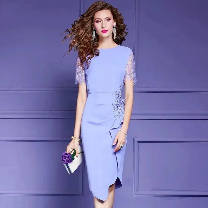 Grace Women Dress Summer Applique Beads Slim Fit Irregular Folds Mid Length Party Dress Lace Fashion French Retro Bodycon Dress 
Grace Women Dress Summer Applique Beads Slim Fit Irregular Folds Mid Length Party Dress Lace Fashion French Retro Bodycon Dress