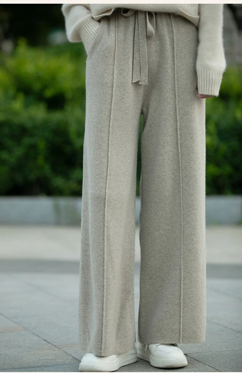 بنطلون نسائي واسع الساق من الصوف الخالص 100٪ مع جيوب للارتداء خارج المنزل، سروال للجري، ملابس نسائية بنطلون نسائي واسع الساق من الصوف الخالص 100٪ مع جيوب للارتداء خارج المنزل، سروال للجري، ملابس نسائية