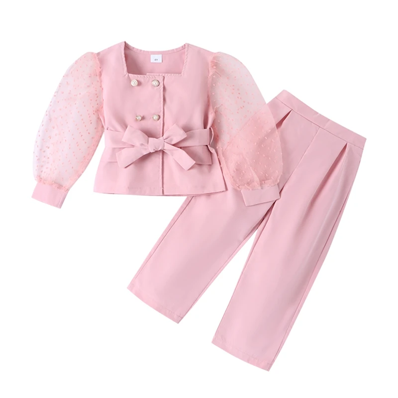 

Bmnmsl Toddler Girls Formal Suits Swiss Dot Puff Long Sleeve Shirt with Belt and Straight Leg Pants Set Baby 2 Piece Outfit