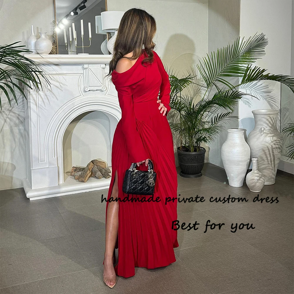 

Red Mermaid Evening Dresses Long Sleeve Arabian Dubai Formal Prom Dress with Slit Floor Length Occasion Party Gowns 2024