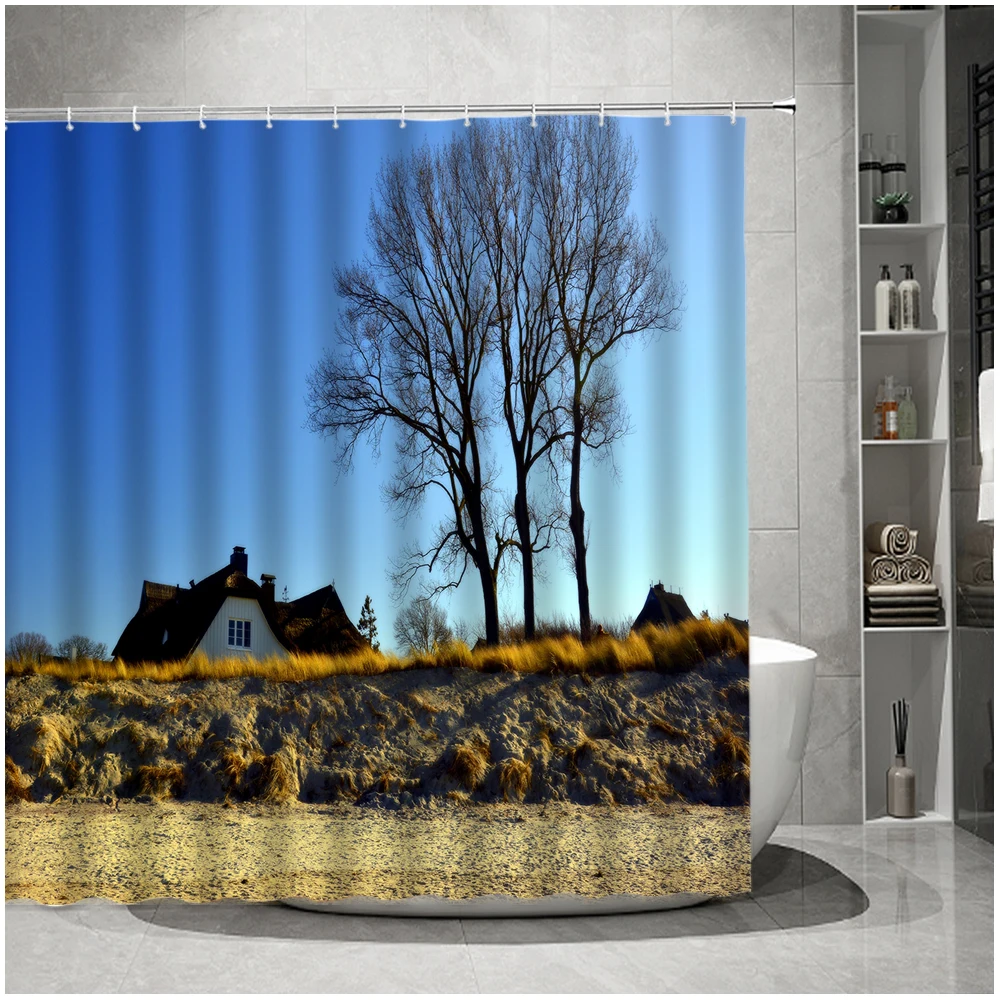

Valley Mountain View Shower Curtain Tree Mist Waterfall Canyon Alpine Nature Scenery Fabric Bathroom Deco Bath Curtain with Hook