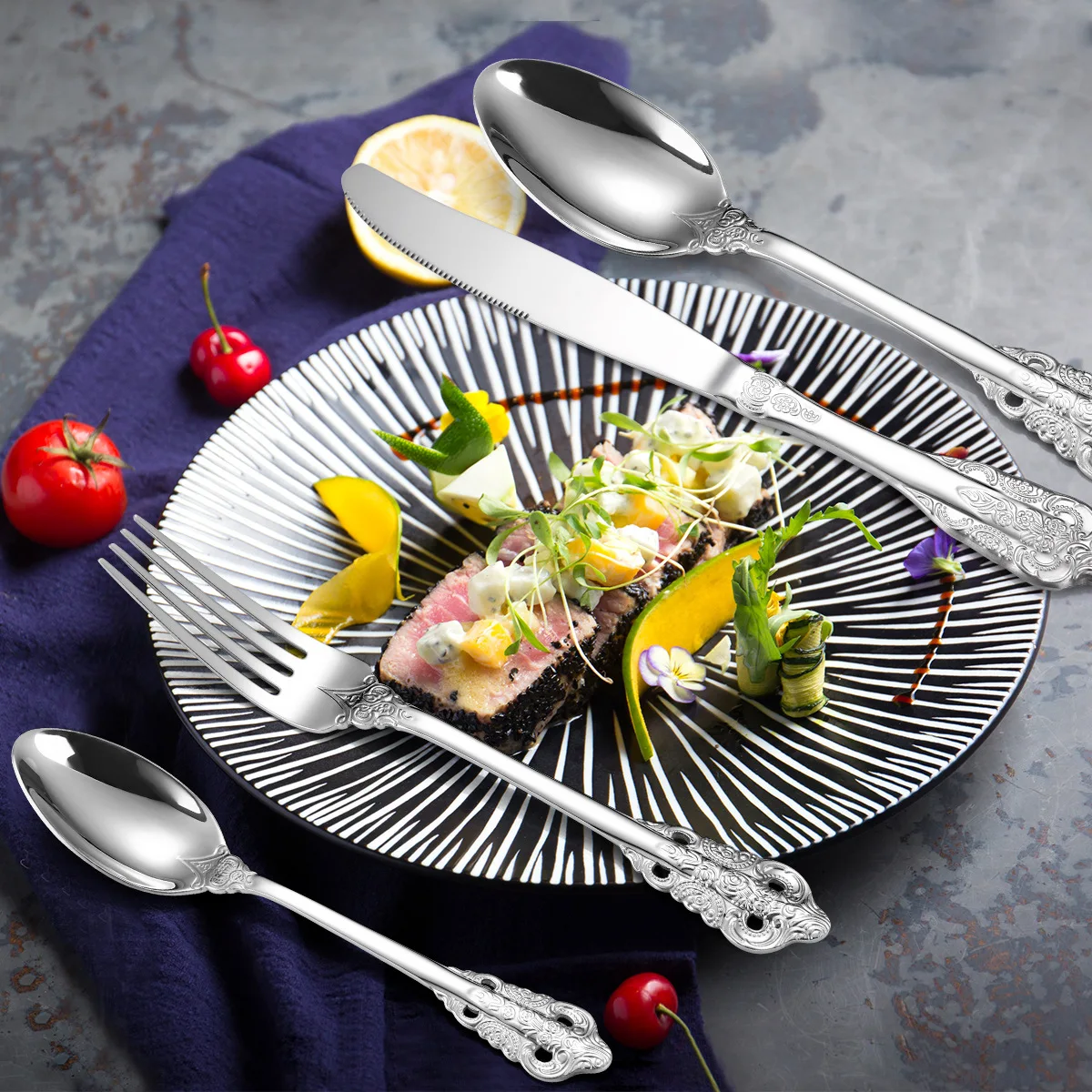 Stainless Steel 304 Palace Retro Relief Western Tableware Set 4 Pieces Creative Western Steak Knife Gold Spoon and Fork Set
Stainless Steel 304 Palace Retro Relief Western Tableware Set 4 Pieces Creative Western Steak Knife Gold Spoon and Fork Set
