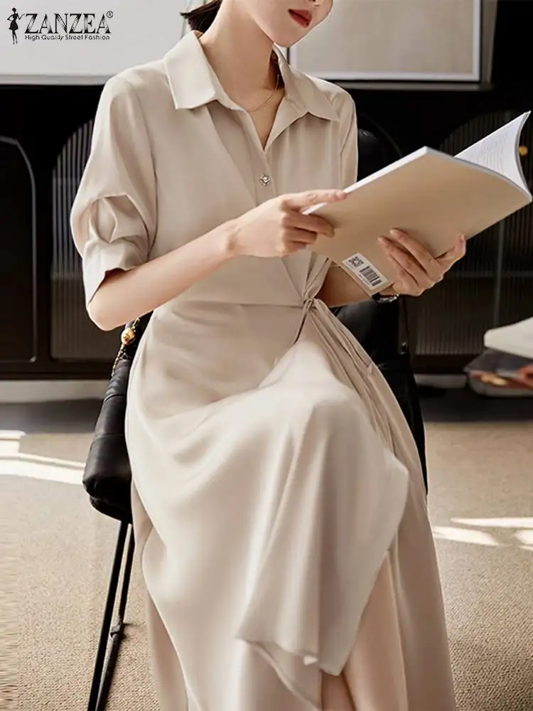 

Elegant Solid Dress ZANZEA Fashion Summer Sundress Casual OL Work Party Dresses Women Half Sleeve Lapel Neck Vestidos Robe Femme