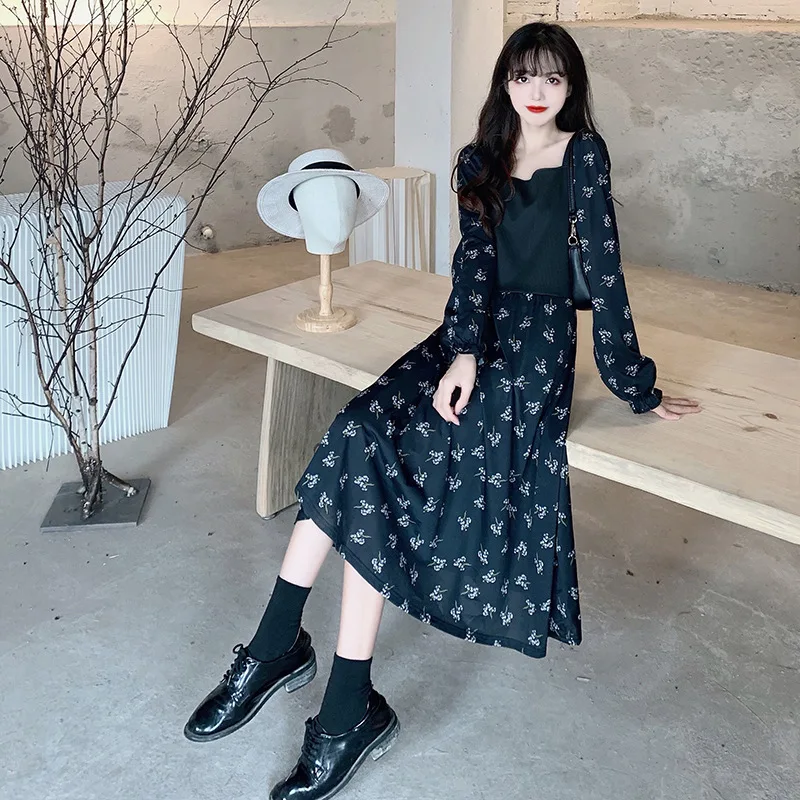 

Floral female dress thin section female 2021 spring and autumn new style puff sleeve black jacquard skirt is thin long skirt
