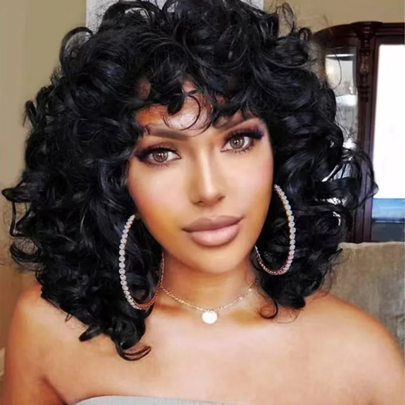 

Short Bouncy Loose Curly Wigs with Bangs Synthetic Black Daily Hair Wig for women Natural Big Bouncy Fluffy Curly Bob Wigs