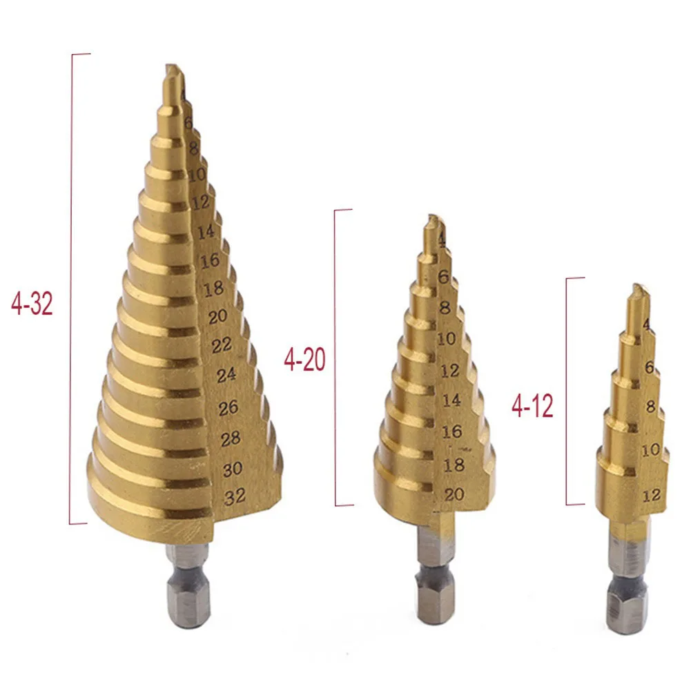 4-12 4-20 4-32mm Hex Shank Step Drill Bit Conical Stage Drill For Metal Wood High Speed Stepped Drill Set Power Tools
4-12 4-20 4-32mm Hex Shank Step Drill Bit Conical Stage Drill For Metal Wood High Speed Stepped Drill Set Power Tools